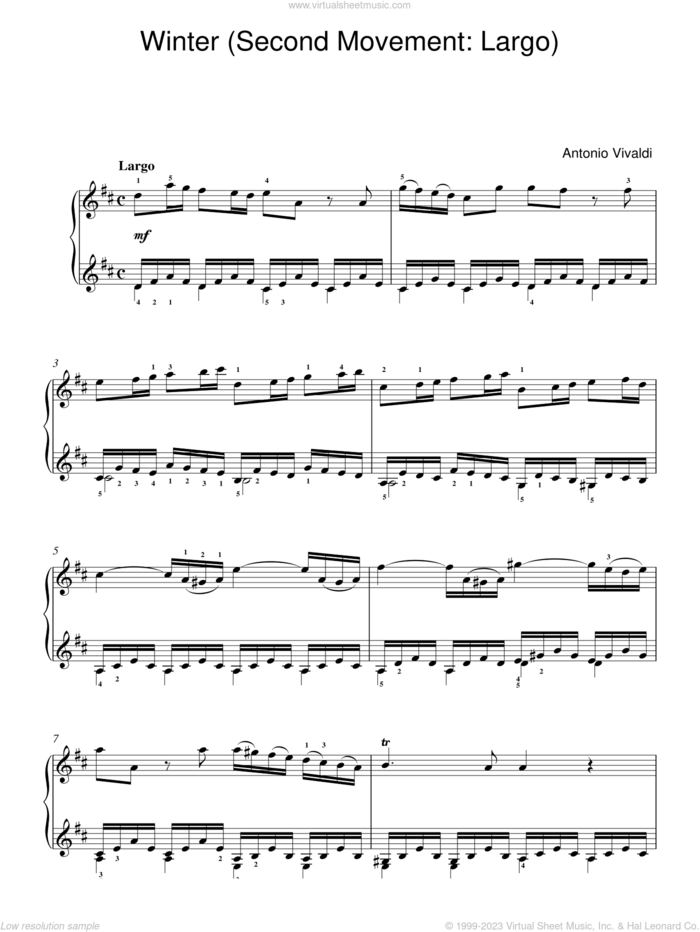 Winter from The Four Seasons (Second movement: Largo) sheet music for piano solo by Antonio Vivaldi, classical score, intermediate skill level