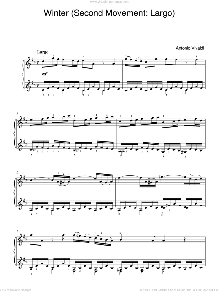 Winter from The Four Seasons (Second movement: Largo) sheet music for piano solo by Antonio Vivaldi, classical score, intermediate skill level