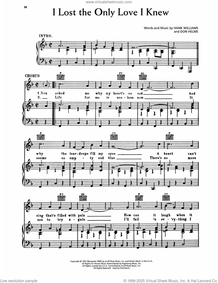 I Lost The Only Love I Knew sheet music for voice, piano or guitar by Hank Williams and Don Helms, intermediate skill level