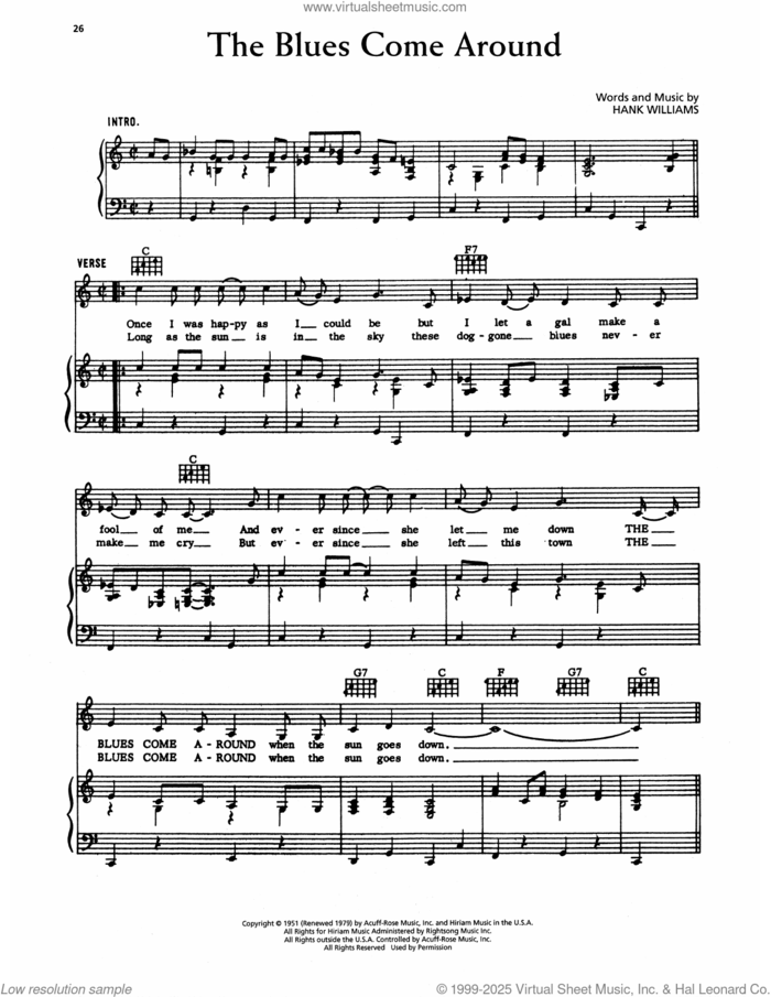 The Blues Come Around sheet music for voice, piano or guitar by Hank Williams, intermediate skill level