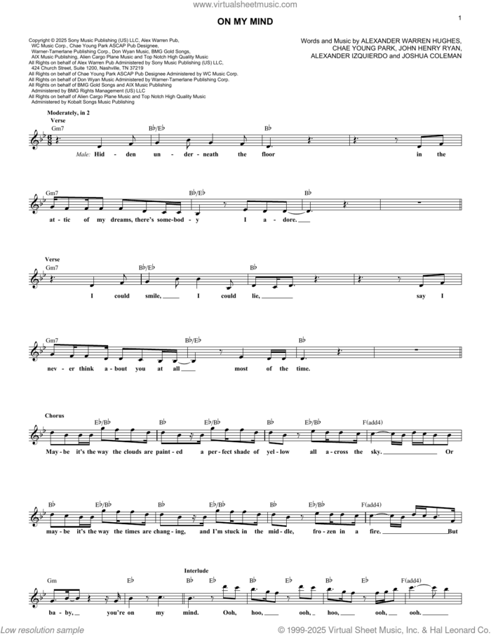 On My Mind sheet music for voice and other instruments (fake book) by Alex Warren and ROSÉ, Alexander Izquierdo, Alexander Warren Hughes, Chae Young Park, John Henry Ryan and Joshua Coleman, intermediate skill level