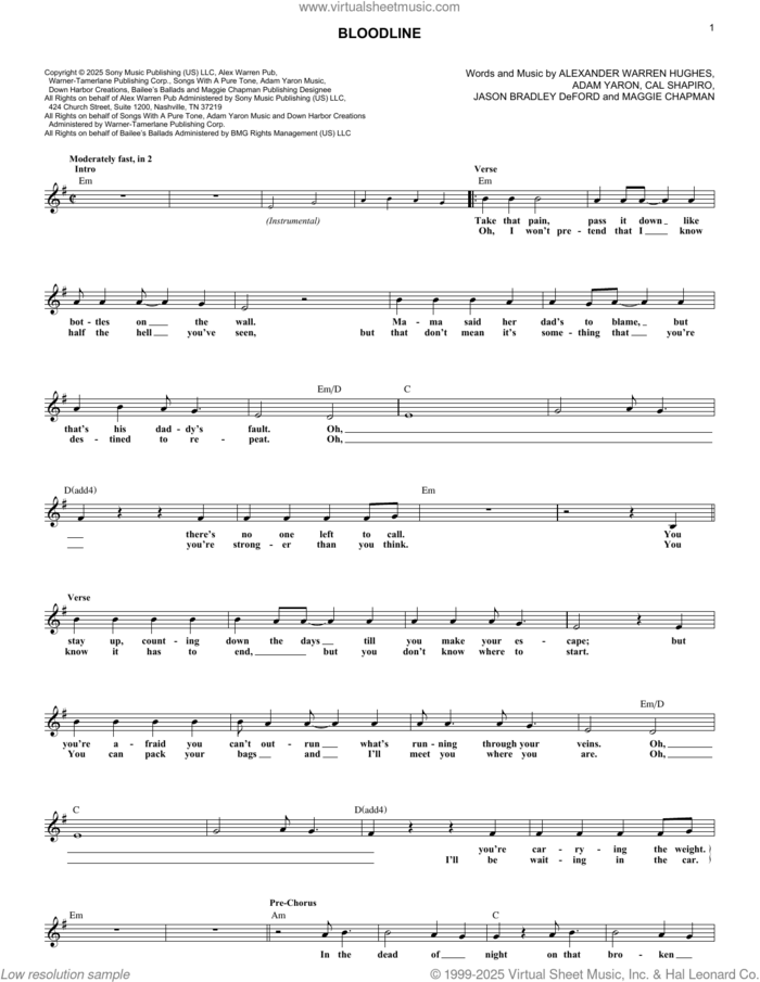 Bloodline (with Jelly Roll) sheet music for voice and other instruments (fake book) by Alex Warren with Jelly Roll, Alex Warren, Adam Yaron, Alexander Warren Hughes, Cal Shapiro, Jason Bradley Deford and Maggie Chapman (Mags Duvall), intermediate skill level
