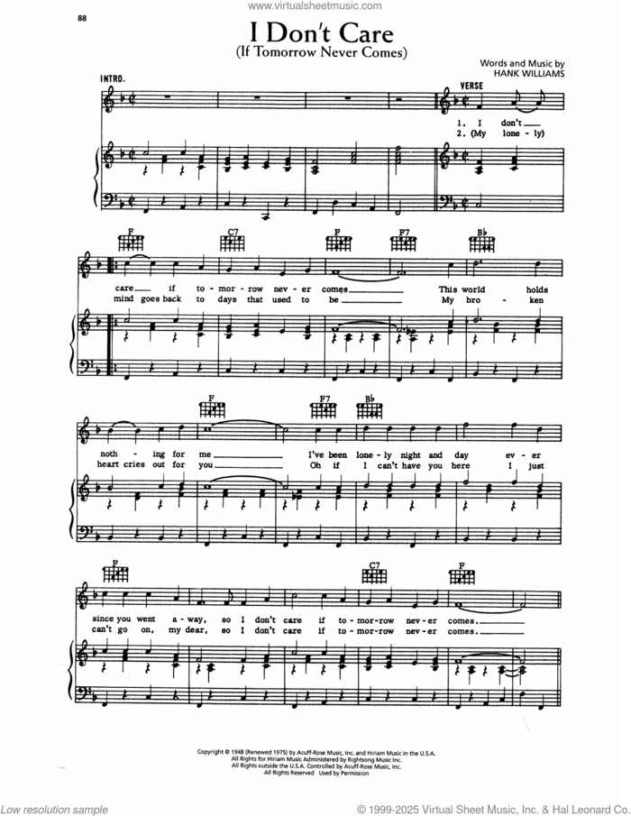 I Don't Care (If Tomorrow Never Comes) sheet music for voice, piano or guitar by Hank Williams, intermediate skill level