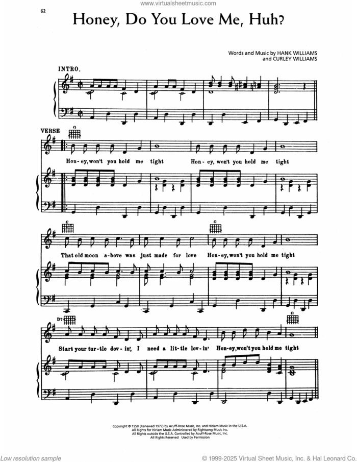 Honey, Do You Love Me, Huh sheet music for voice, piano or guitar by Hank Williams and Curley Williams, intermediate skill level