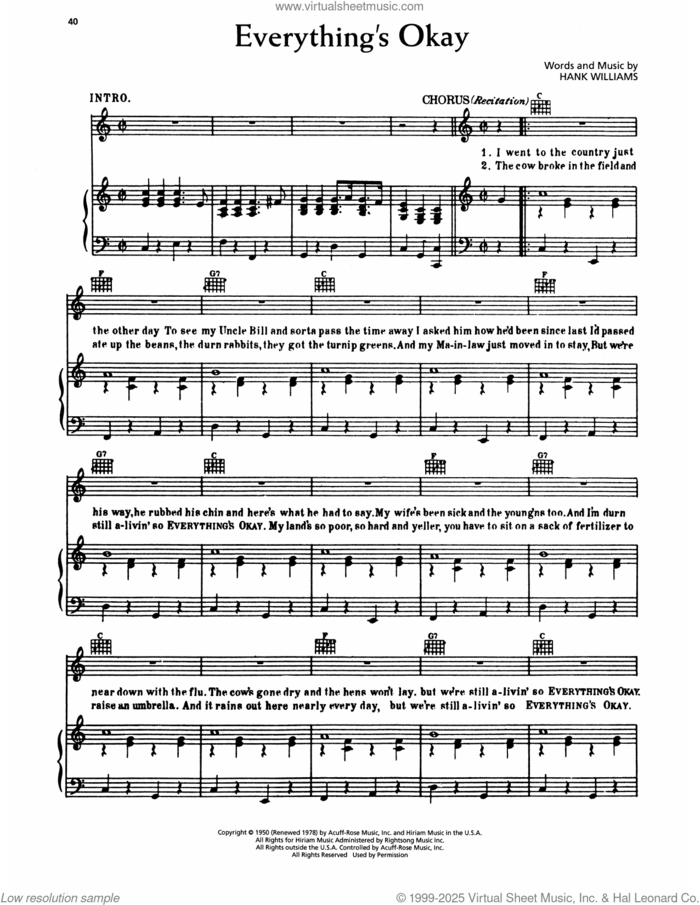 Everything's Okay sheet music for voice, piano or guitar by Hank Williams, intermediate skill level