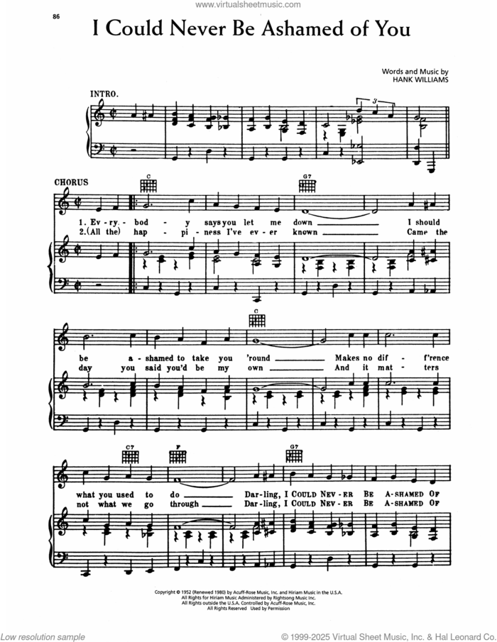 I Could Never Be Ashamed Of You sheet music for voice, piano or guitar by Hank Williams, intermediate skill level