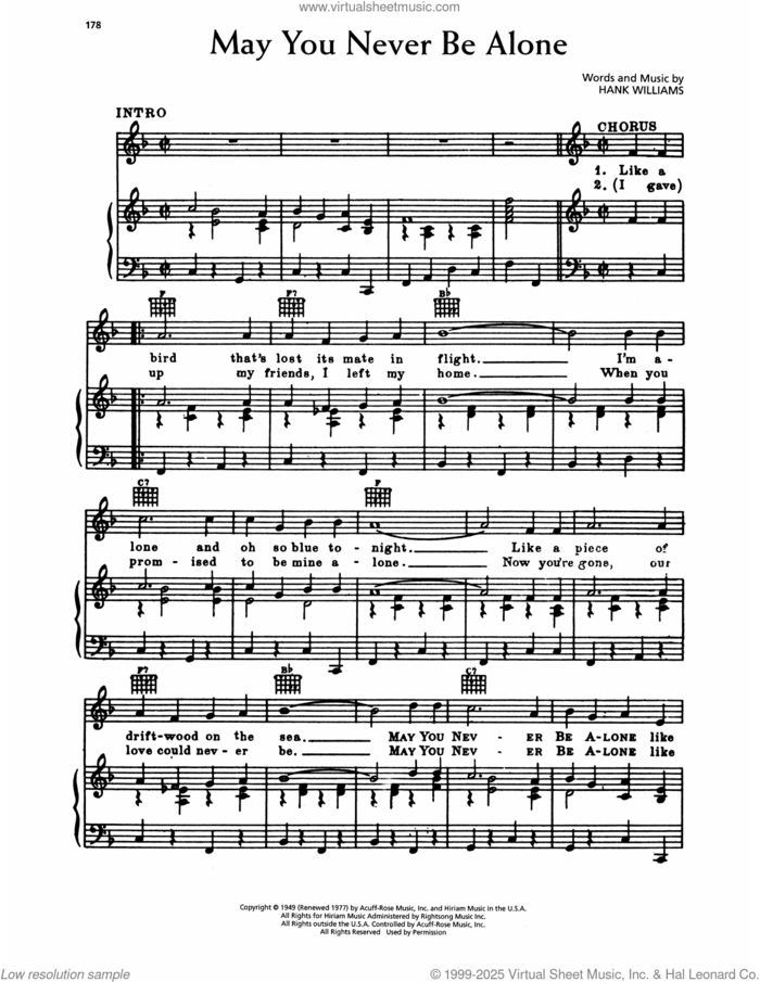 May You Never Be Alone sheet music for voice, piano or guitar by Hank Williams, intermediate skill level