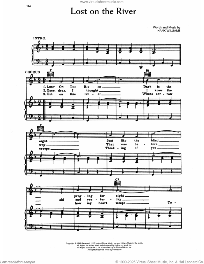 Lost On The River sheet music for voice, piano or guitar by Hank Williams, intermediate skill level
