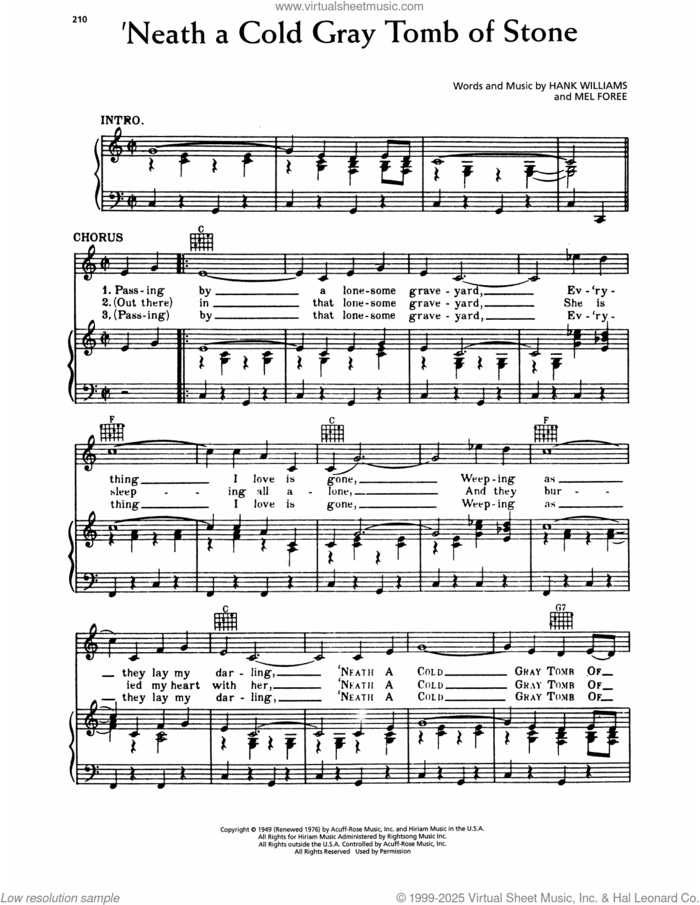 'Neath A Cold Gray Tomb Of Stone sheet music for voice, piano or guitar by Hank Williams and Mel Foree, intermediate skill level