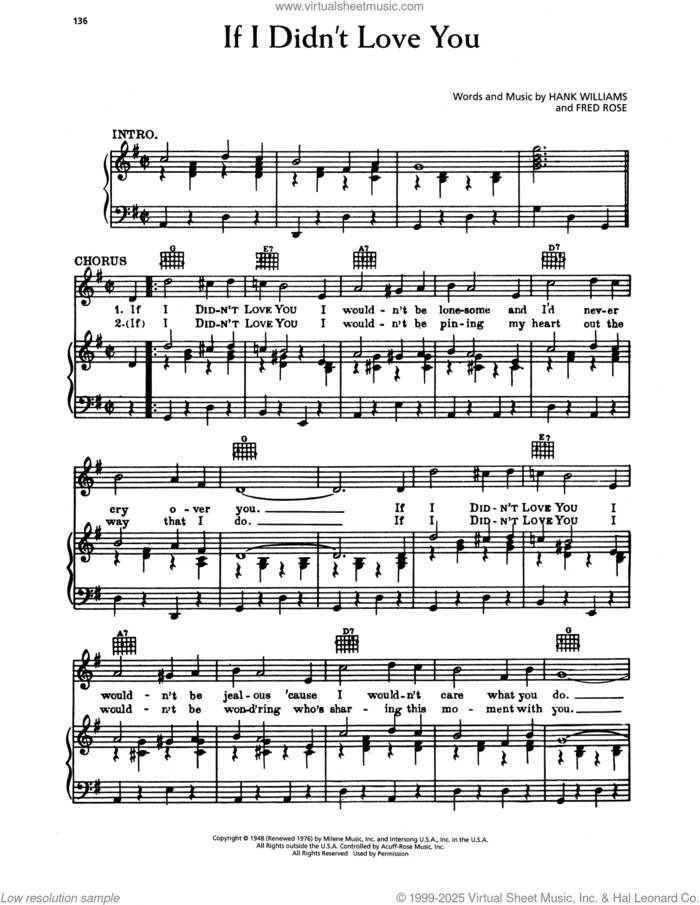 If I Didn't Love You sheet music for voice, piano or guitar by Hank Williams and Fred Rose, intermediate skill level