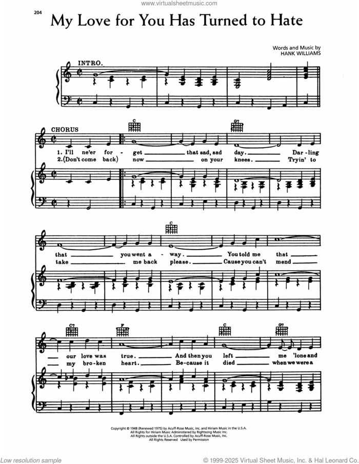 My Love For You Has Turned To Hate sheet music for voice, piano or guitar by Hank Williams, intermediate skill level