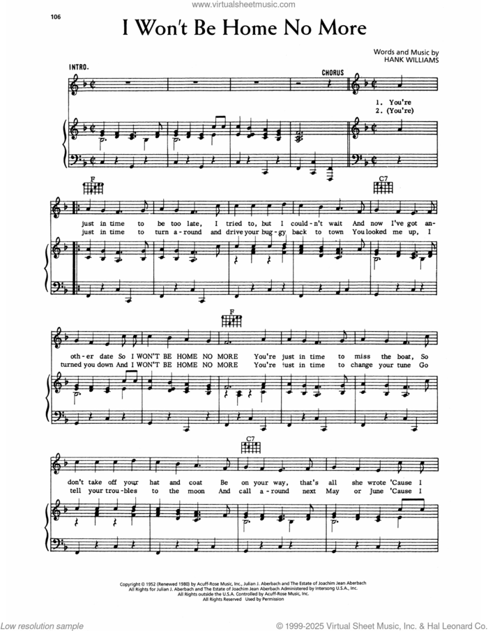 I Won't Be Home No More sheet music for voice, piano or guitar by Hank Williams, intermediate skill level