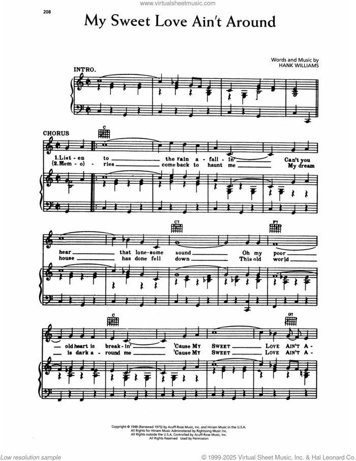 My Sweet Love Ain't Around sheet music for voice, piano or guitar by Hank Williams, intermediate skill level