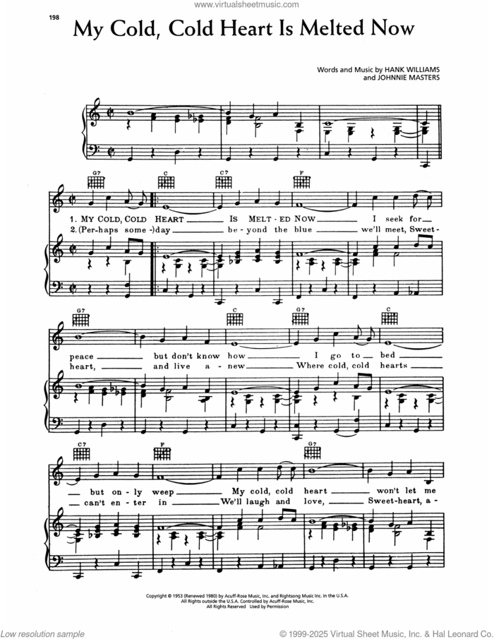 My Cold Cold Heart Is Melted Now sheet music for voice, piano or guitar by Hank Williams and Johnnie Masters, intermediate skill level