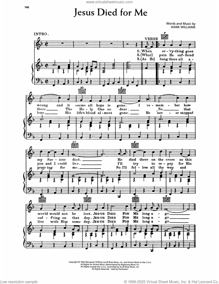 Jesus Died For Me sheet music for voice, piano or guitar by Hank Williams, intermediate skill level