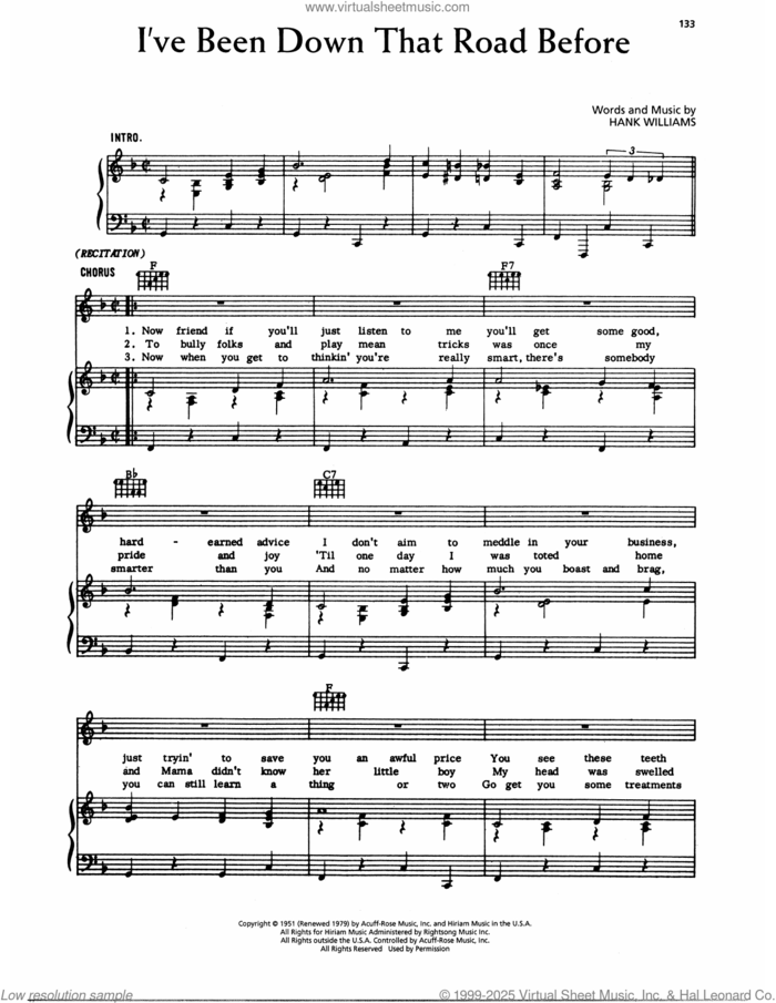 I've Been Down That Road Before sheet music for voice, piano or guitar by Hank Williams, intermediate skill level