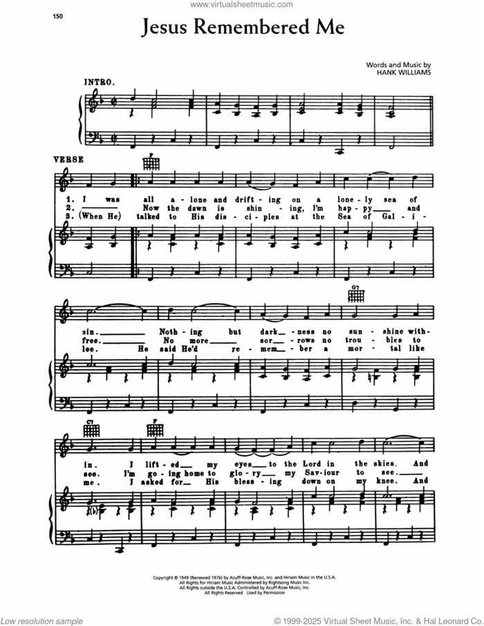 Jesus Remembered Me sheet music for voice, piano or guitar by Hank Williams, intermediate skill level
