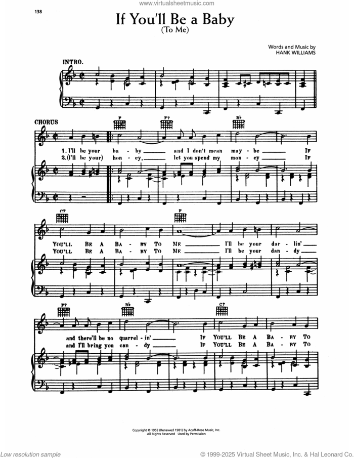 If You'll Be A Baby (To Me) sheet music for voice, piano or guitar by Hank Williams, intermediate skill level