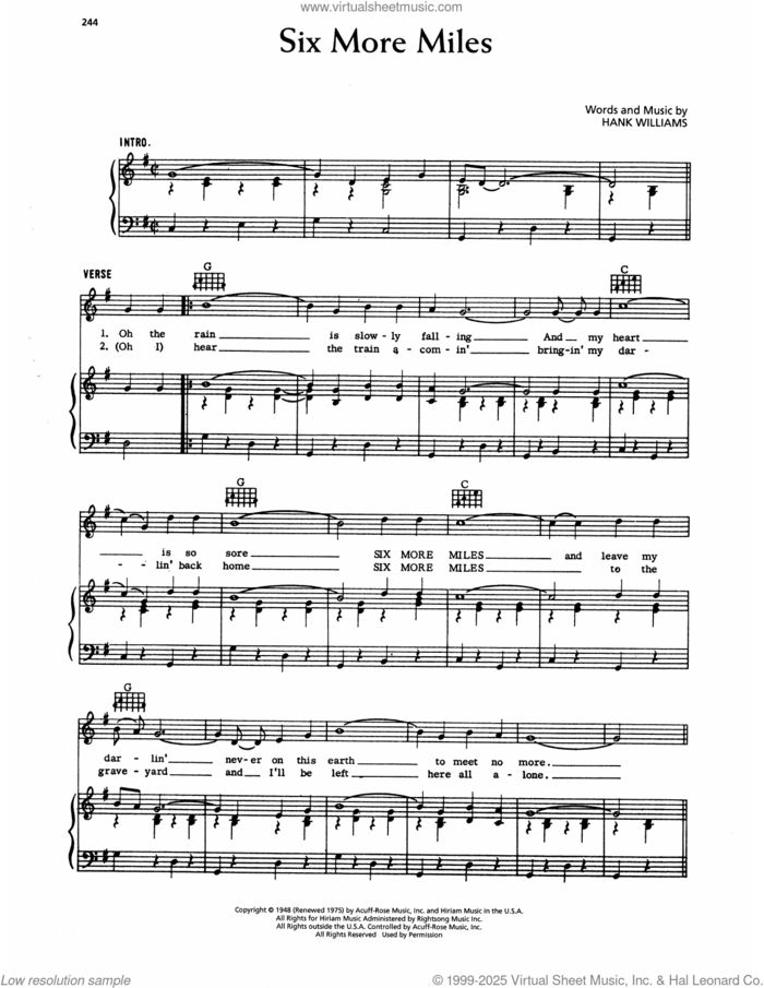 Six More Miles sheet music for voice, piano or guitar by Hank Williams, intermediate skill level