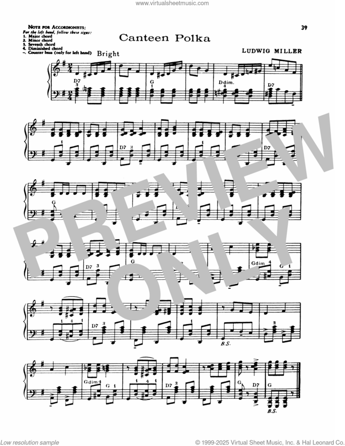 Canteen Polka sheet music for piano solo by Lawrence Welk and Ludwig Miller, intermediate skill level