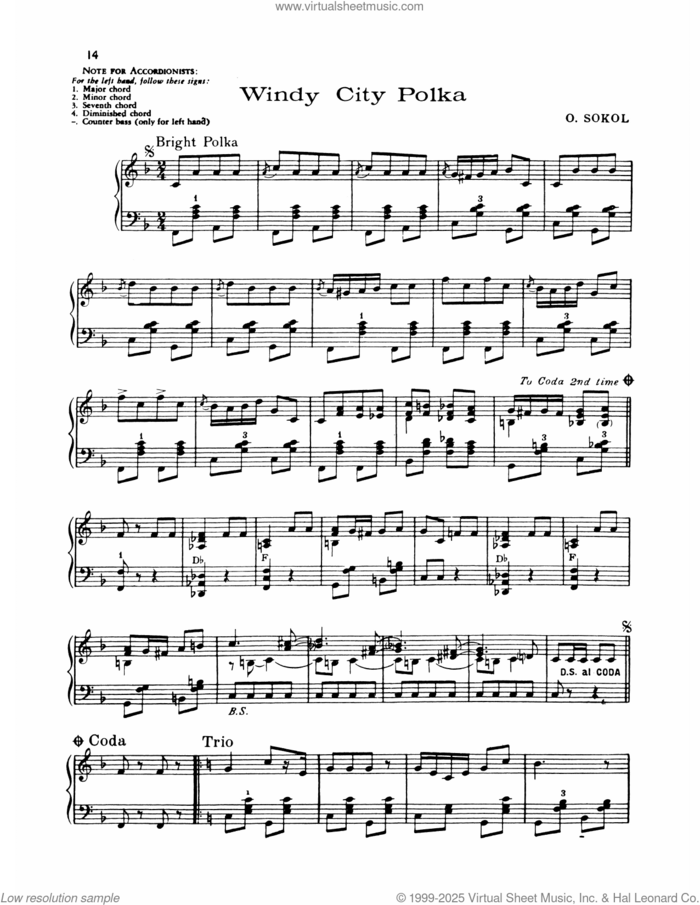 Windy City Polka sheet music for piano solo by Lawrence Welk and O. Sokol, intermediate skill level