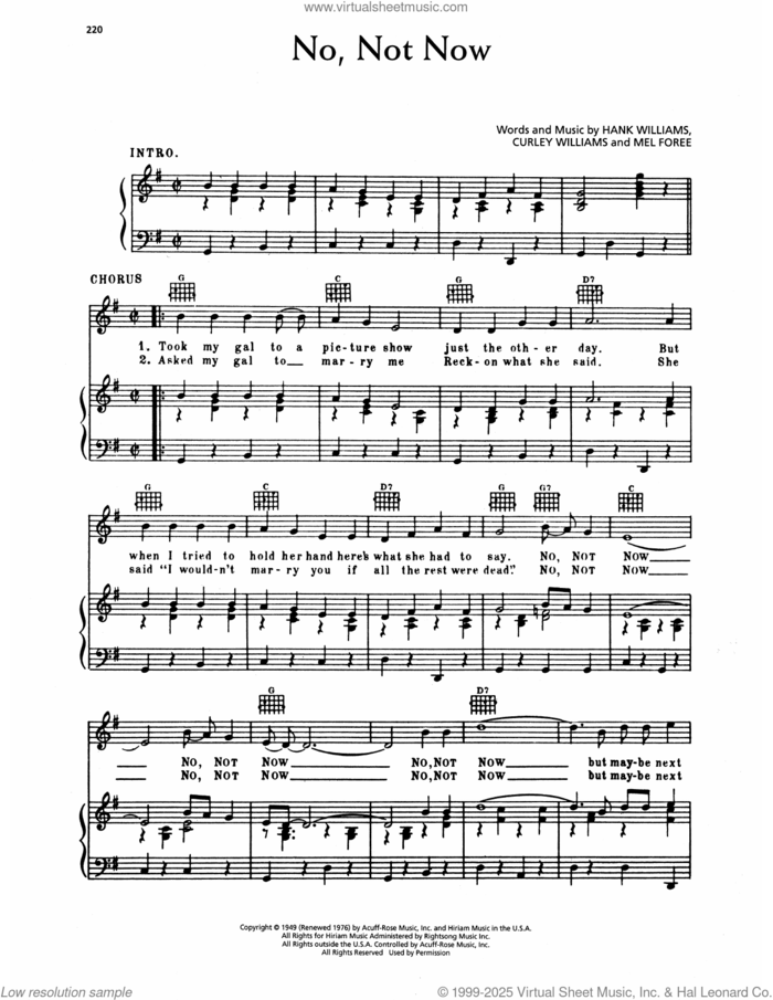 No, Not Now sheet music for voice, piano or guitar by Hank Williams, Curley Williams and Mel Foree, intermediate skill level