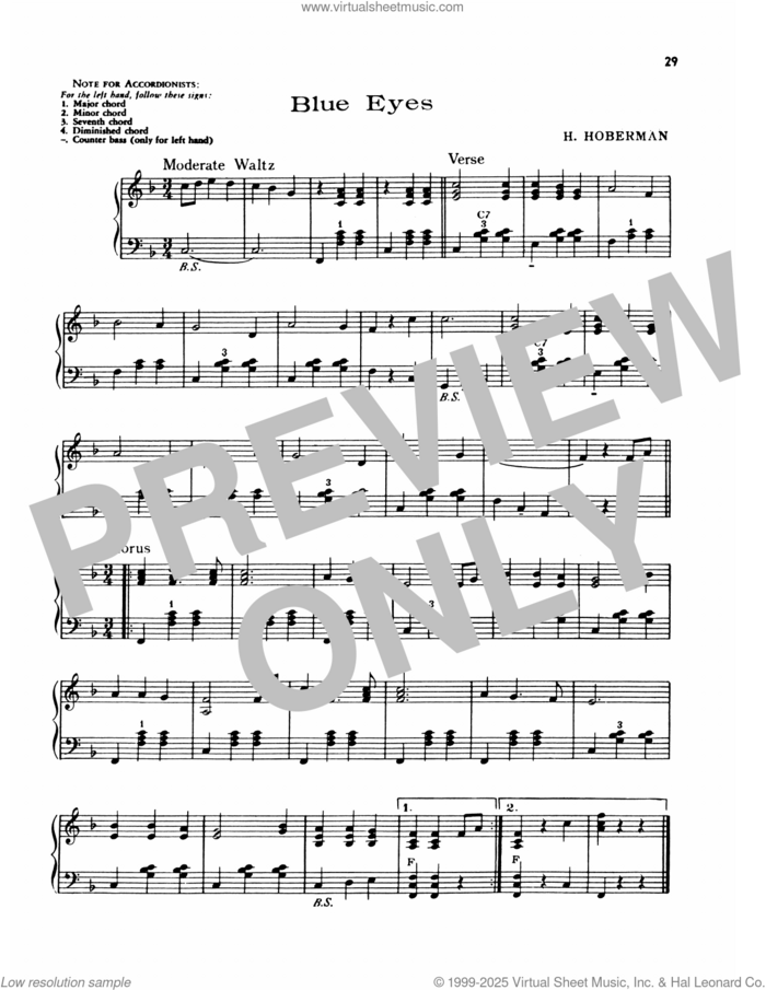 Blue Eyes sheet music for piano solo by Lawrence Welk and H. Hoberman, intermediate skill level