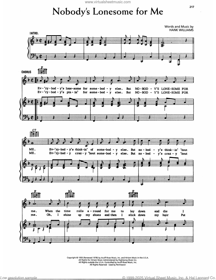 Nobody's Lonesome For Me sheet music for voice, piano or guitar by Hank Williams, intermediate skill level