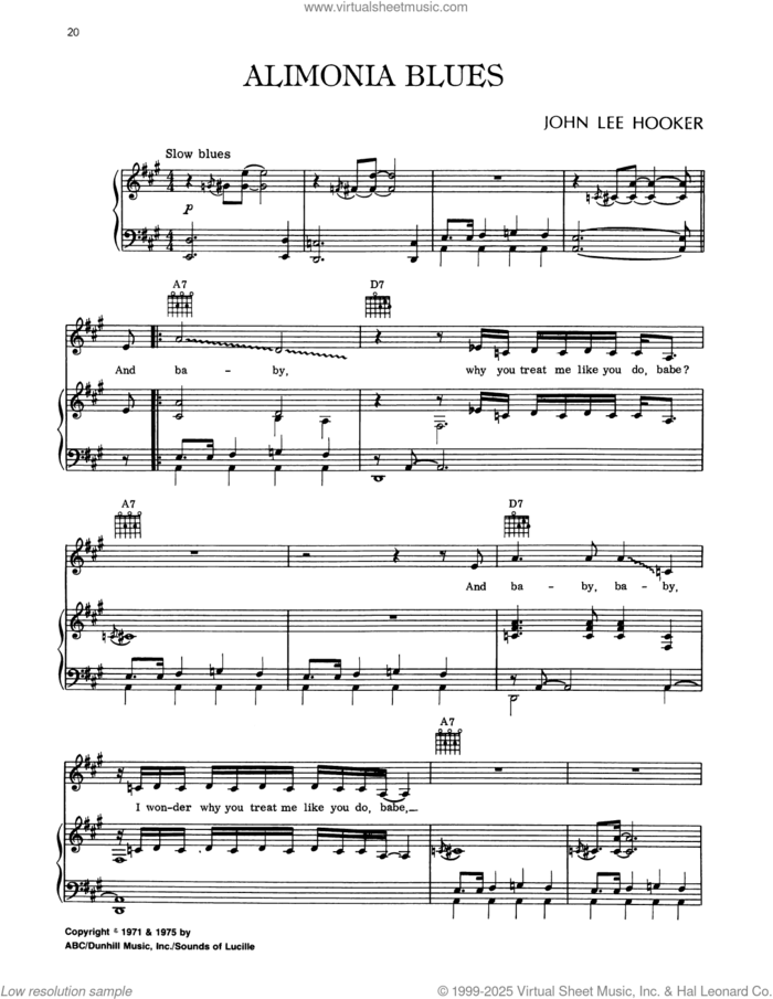 Alimonia Blues sheet music for voice, piano or guitar by John Lee Hooker, intermediate skill level