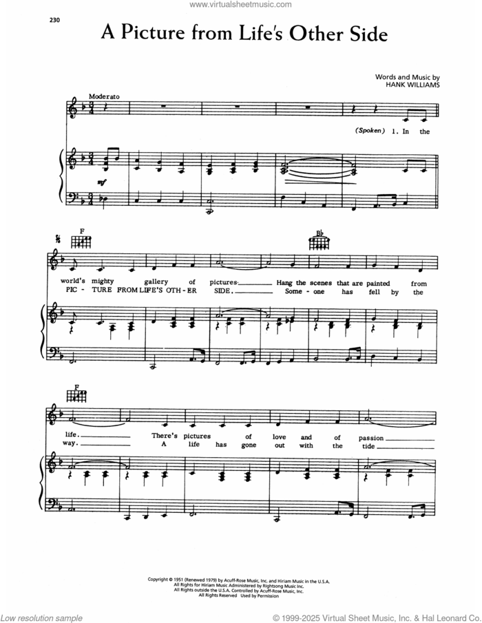 A Picture From Life's Other Side sheet music for voice, piano or guitar by Hank Williams, intermediate skill level