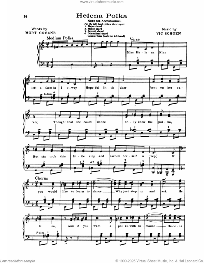 Helena Polka sheet music for piano solo by Lawrence Welk, Mort Greene and Vic Schoen, intermediate skill level