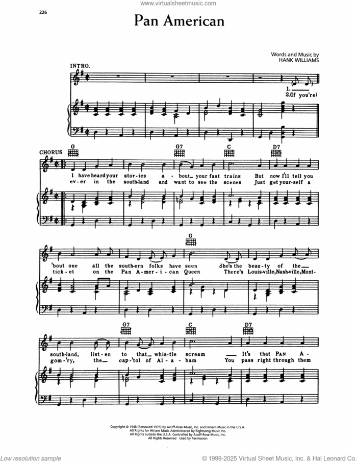 Pan American sheet music for voice, piano or guitar by Hank Williams, intermediate skill level