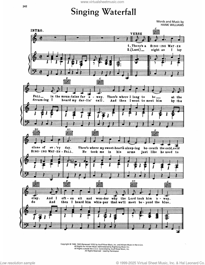 Singing Waterfall sheet music for voice, piano or guitar by Hank Williams, intermediate skill level