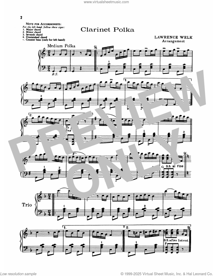 Clarinet Polka sheet music for piano solo by Lawrence Welk and Miscellaneous, intermediate skill level