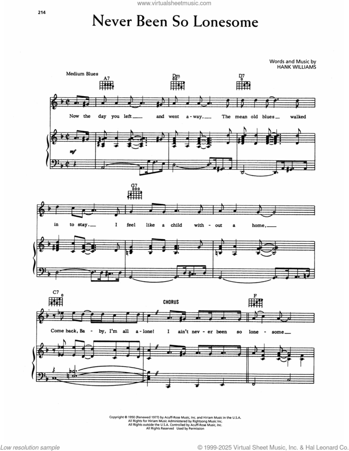 Never Been So Lonesome sheet music for voice, piano or guitar by Hank Williams, intermediate skill level