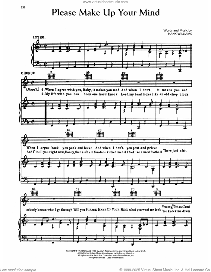Please Make Up Your Mind sheet music for voice, piano or guitar by Hank Williams, intermediate skill level