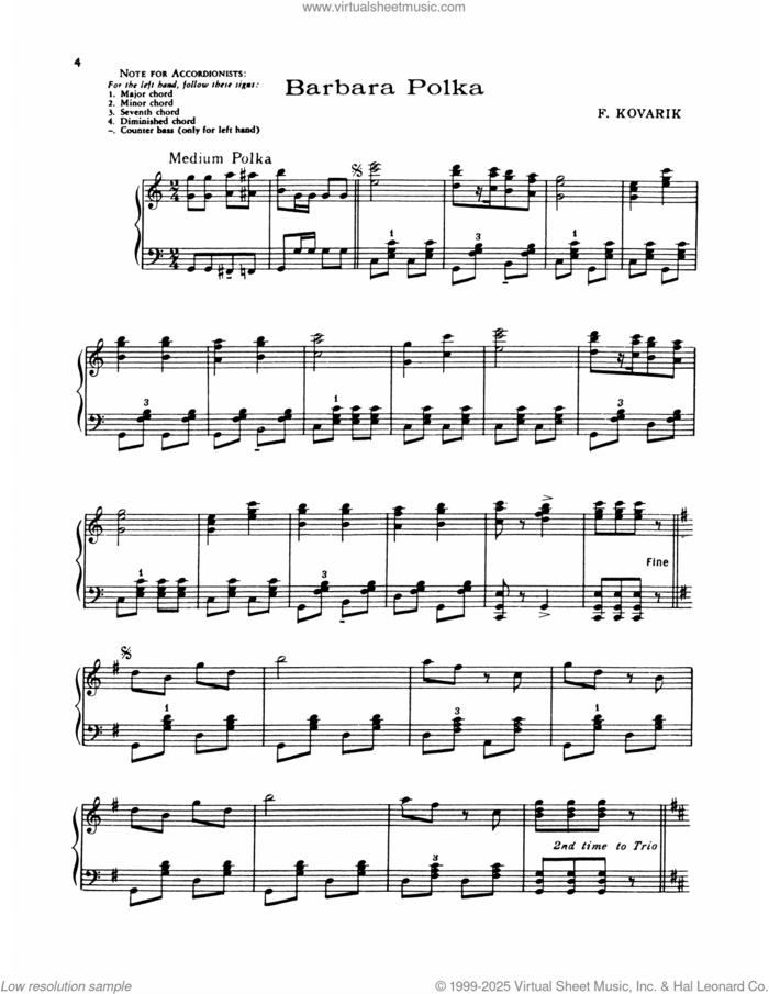 Barbara Polka sheet music for piano solo by Lawrence Welk and F. Kovarik, intermediate skill level