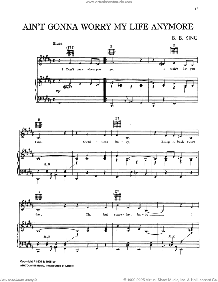 Ain't Gonna Worry My Life Anymore sheet music for voice, piano or guitar by B.B. King, intermediate skill level