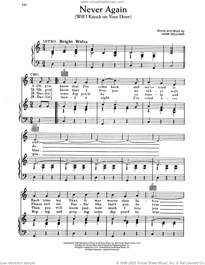 Never Again (Will I Knock On Your Door) sheet music for voice, piano or guitar by Hank Williams, intermediate skill level