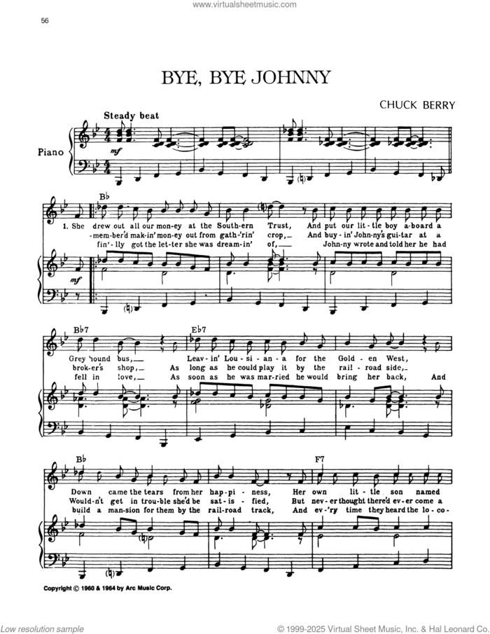Bye, Bye Johnny sheet music for voice, piano or guitar by Chuck Berry, intermediate skill level