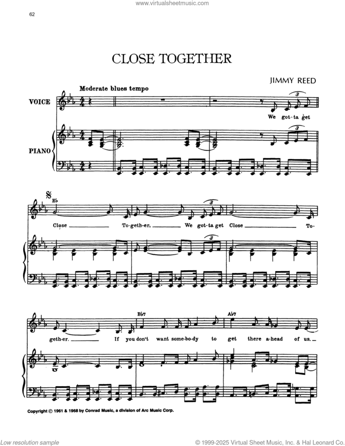 Close Together sheet music for voice, piano or guitar by Jimmy Reed, intermediate skill level