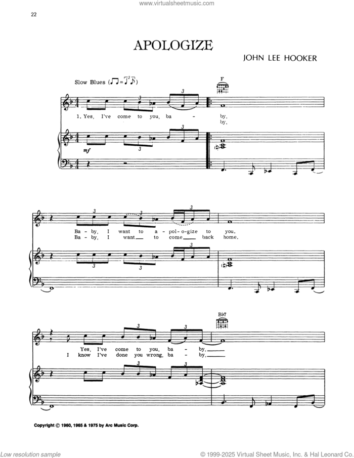 Apologize sheet music for voice, piano or guitar by John Lee Hooker, intermediate skill level