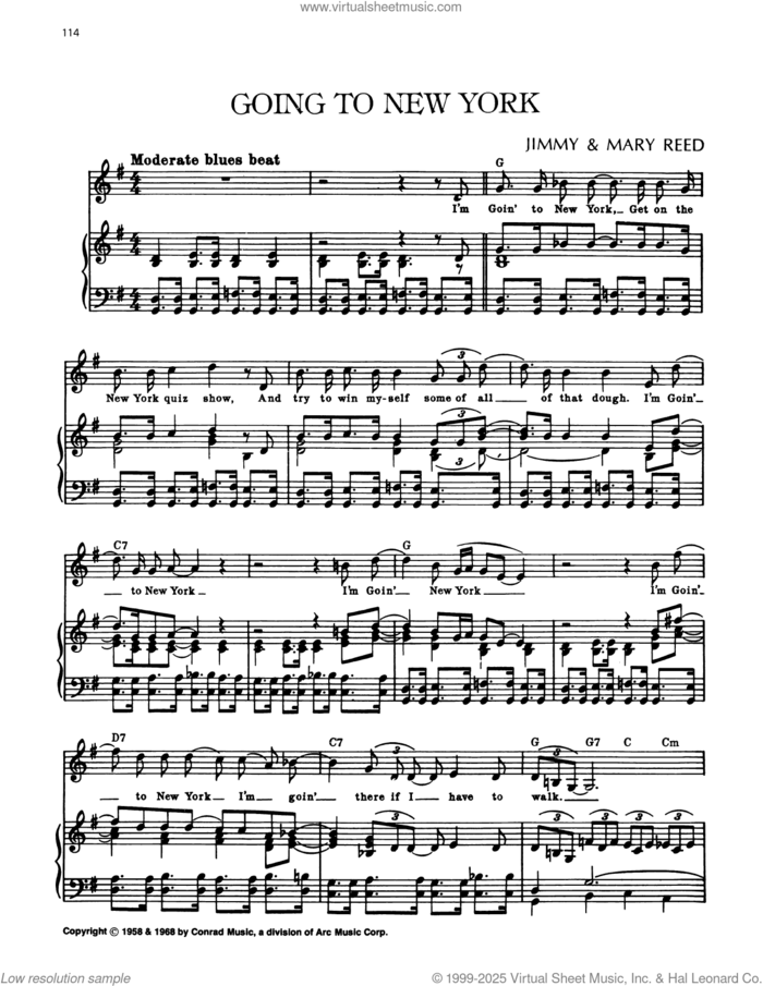 Going To New York sheet music for voice, piano or guitar by Jimmy Reed and Mary Reed, intermediate skill level