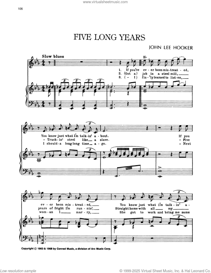 Five Long Years sheet music for voice, piano or guitar by John Lee Hooker, intermediate skill level