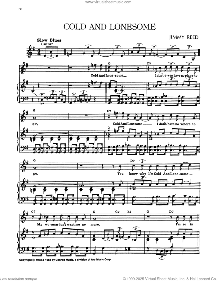 Cold And Lonesome sheet music for voice, piano or guitar by Jimmy Reed, intermediate skill level