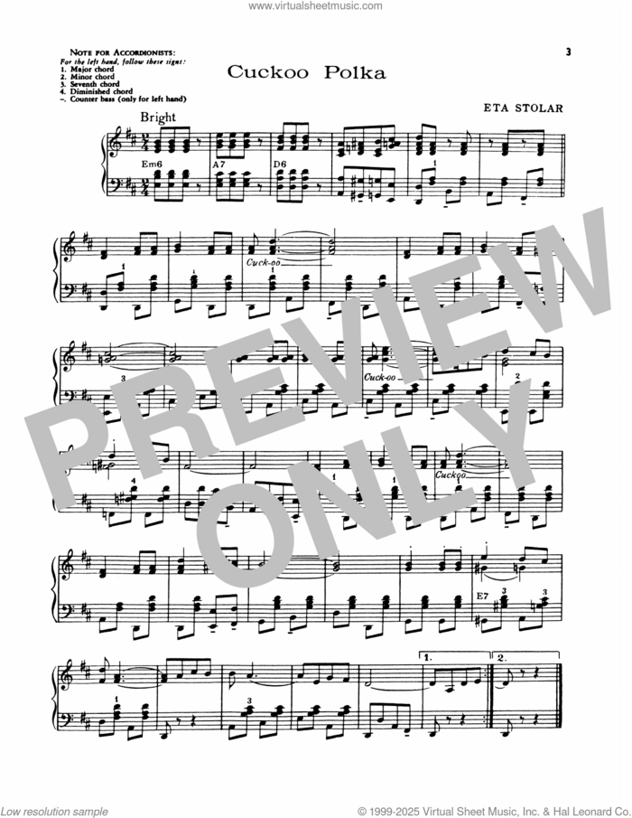 Cuckoo Polka sheet music for piano solo by Lawrence Welk and Eta Stolar, intermediate skill level