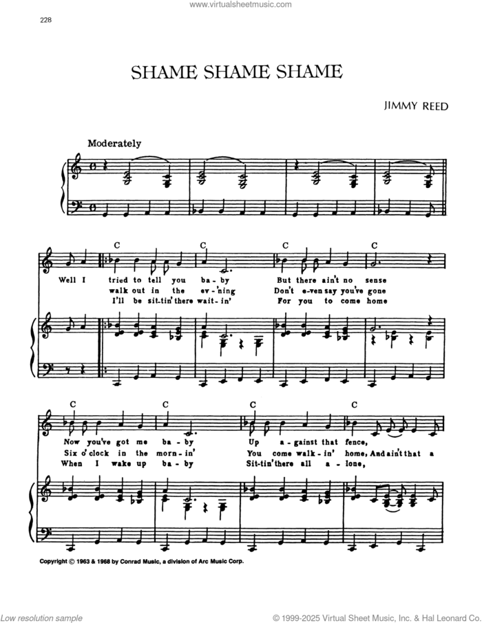 Shame, Shame, Shame sheet music for voice, piano or guitar by Jimmy Reed, intermediate skill level