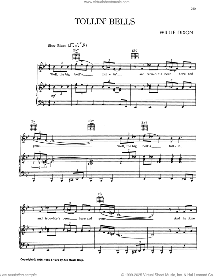 Tollin' Bells sheet music for voice, piano or guitar by Willie Dixon, intermediate skill level