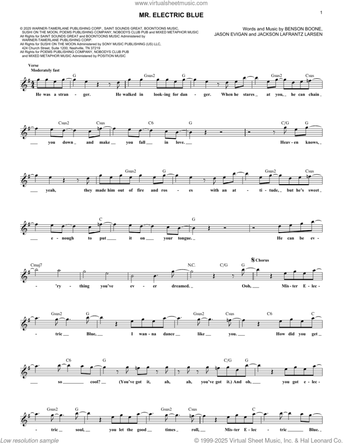 Mr. Electric Blue sheet music for voice and other instruments (fake book) by Benson Boone, Jackson Lafrantz Larsen and Jason Evigan, intermediate skill level