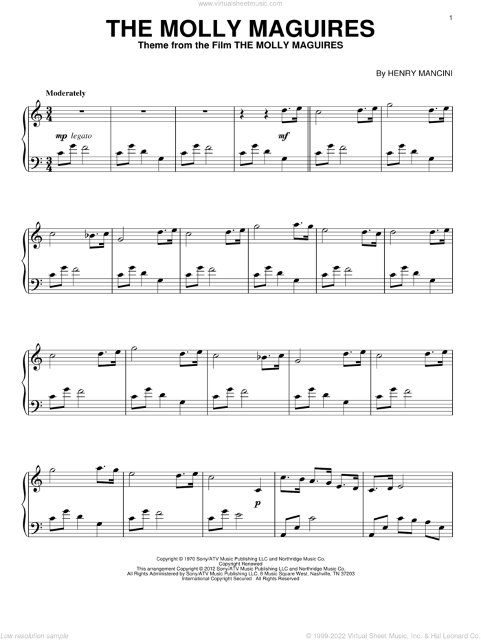 The Molly Maguires sheet music for piano solo by Henry Mancini, intermediate skill level